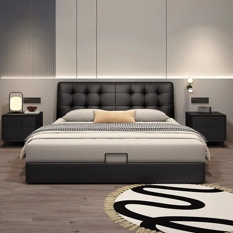 意式真皮床主卧室现代简约双人床小户型家用储物床黑色软包大婚床高清大图