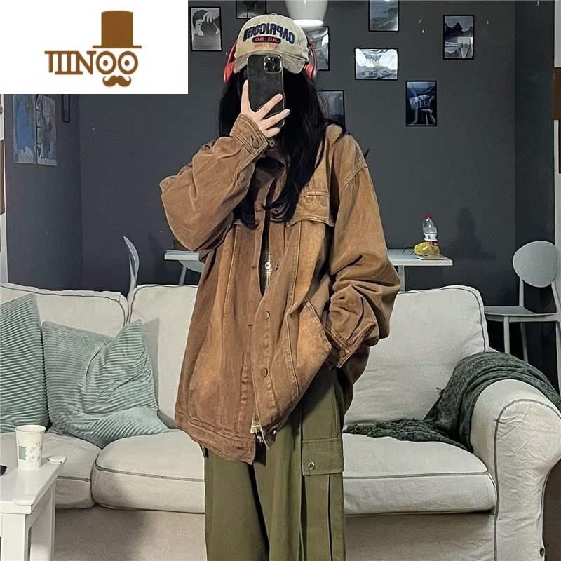 YANXU美式vibe水洗做旧牛仔外套男复古高街潮牌宽松工装休闲夹克高清大图