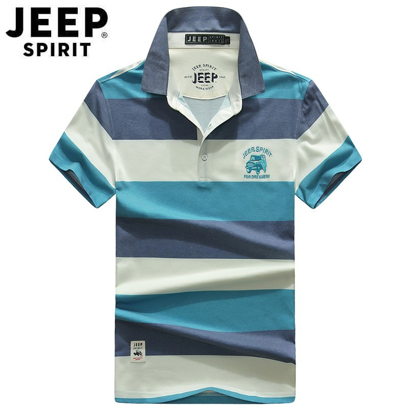 吉普jeep官方旗舰正品正品夏季男士短袖t恤男翻领常规条纹丅恤保罗衫