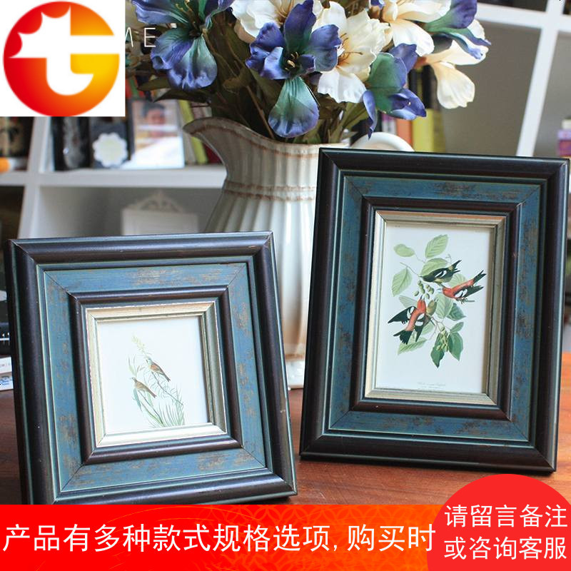 实木复古相框摆台 美式乡村 地中海 挂墙组合蓝色宽边 6寸7寸客厅