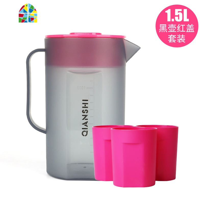 冷水壶大容量塑料凉水壶豆浆果汁花茶壶带盖水杯水具2.5L FENGHOU 套装1.5升-黑色红盖(带刻度)高清大图