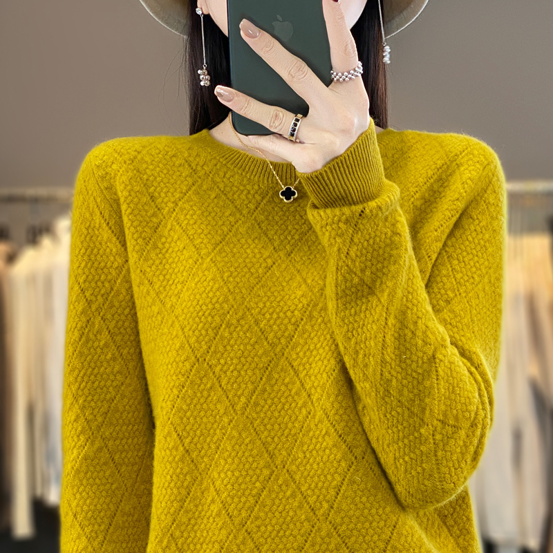 雪米贝奴秋冬季圆领菱形100%羊毛衫女羊绒衫毛衣针织打底衫套头百搭潮
