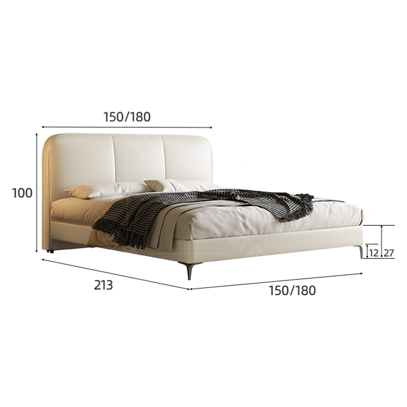 极窄系列头层牛皮床主卧次卧双人大床实木真皮极简婚床 1.5*2.0米【升级版5D床板】 环保椰棕床垫-【偏硬睡感】+1柜