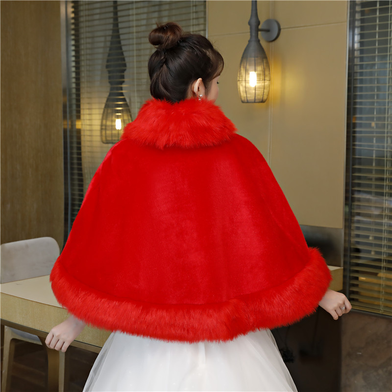 热卖冬季新款加厚新娘毛披肩结婚纱敬酒礼服配饰红色斗篷大披风外套女