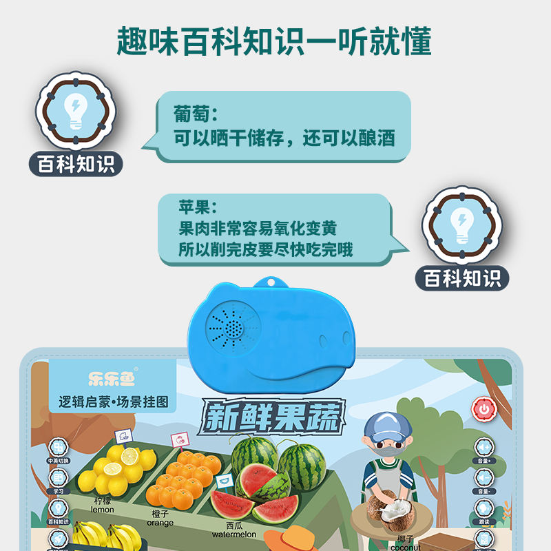 乐乐鱼宝宝4张组合蓝色恐龙逻辑挂图(人物+交通+果蔬+动物)