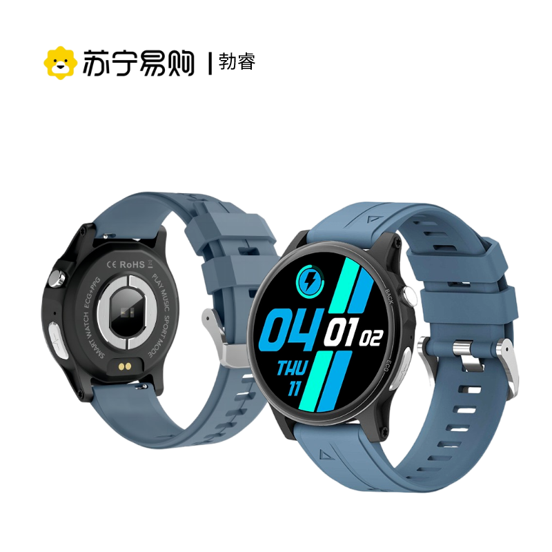 勃睿【苏宁自营】健康款无创血糖检测ZL89(QRCord)心率心电血压语音助手蓝牙通话智能手表 黑色蓝带