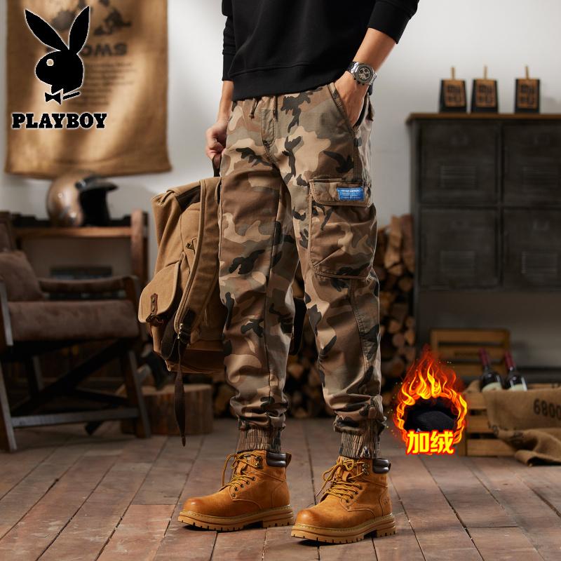 花花公子新款2025冬新款男士潮流日系多口袋休闲垂感显高迷彩加绒工装裤_728高清大图