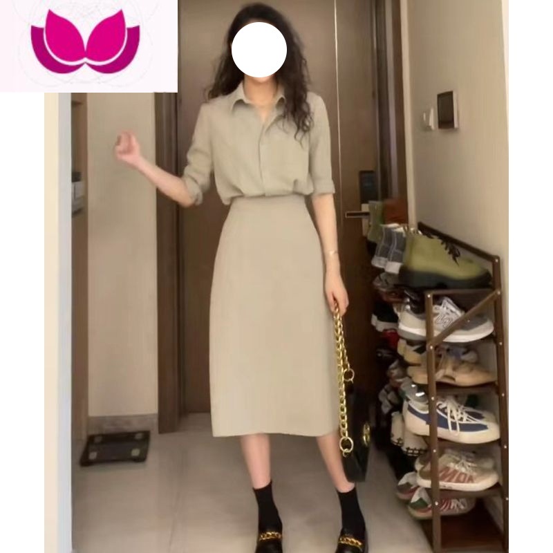 七斓夏季polo衬衫连衣裙子假套装职业轻熟港风长裙气质女装高级感 长款卡其绿正式场合连衣裙/港风套装裙两件套/2023春季新款 S茶系穿搭一整套微胖