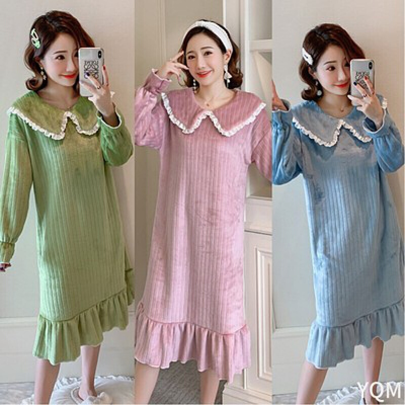 波迷娜（BOMINA)法兰绒女秋牛油果绿珊瑚绒长款保暖家居服连衣裙