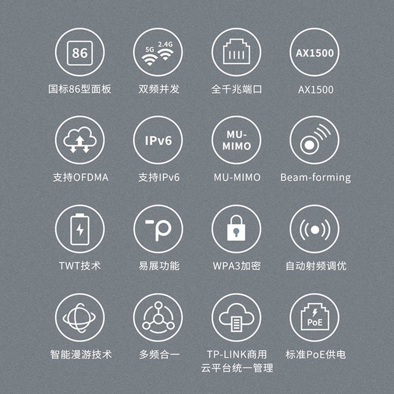 普联 TP-LINK AX1500双频千兆全屋WiFi6面板AP路由 POE供电AC管理 TL-XAP1502GI-PoE 薄款香槟金(方)易展版