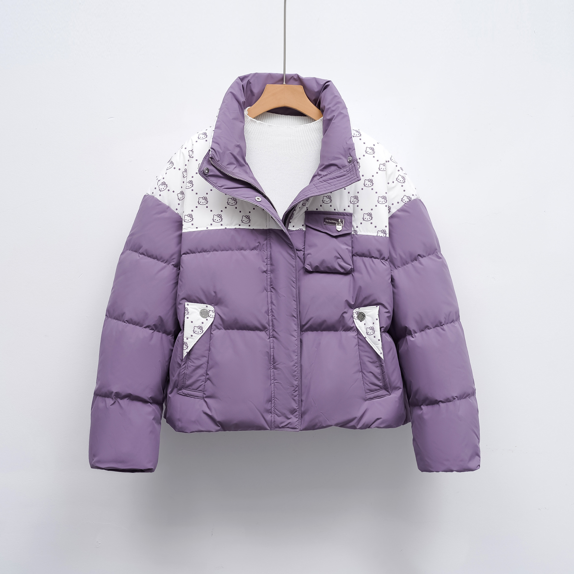 羽绒服新国标90绒女拼接撞色冬季新款立领时尚面包服外套 紫色 M