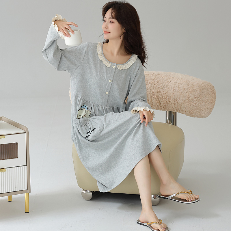 猫人孕妇待产裙春夏季睡衣女纯棉月子服中长款睡裙哺乳带胸垫家居服高清大图