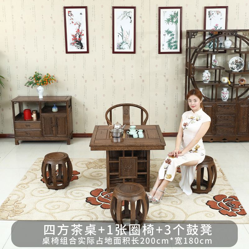 小茶桌实木中式客厅四方鸡翅木茶桌椅组合阳台功夫茶桌小户型 整装_四方茶桌+1张圈椅+3鼓凳