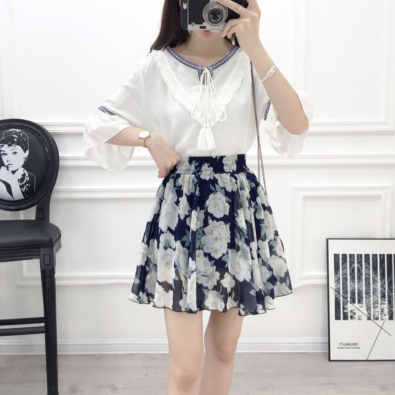 夏季女装雪纺短裙松紧腰半身裙夏装裙子女学生韩版小清新a字裙夏蝴蝶