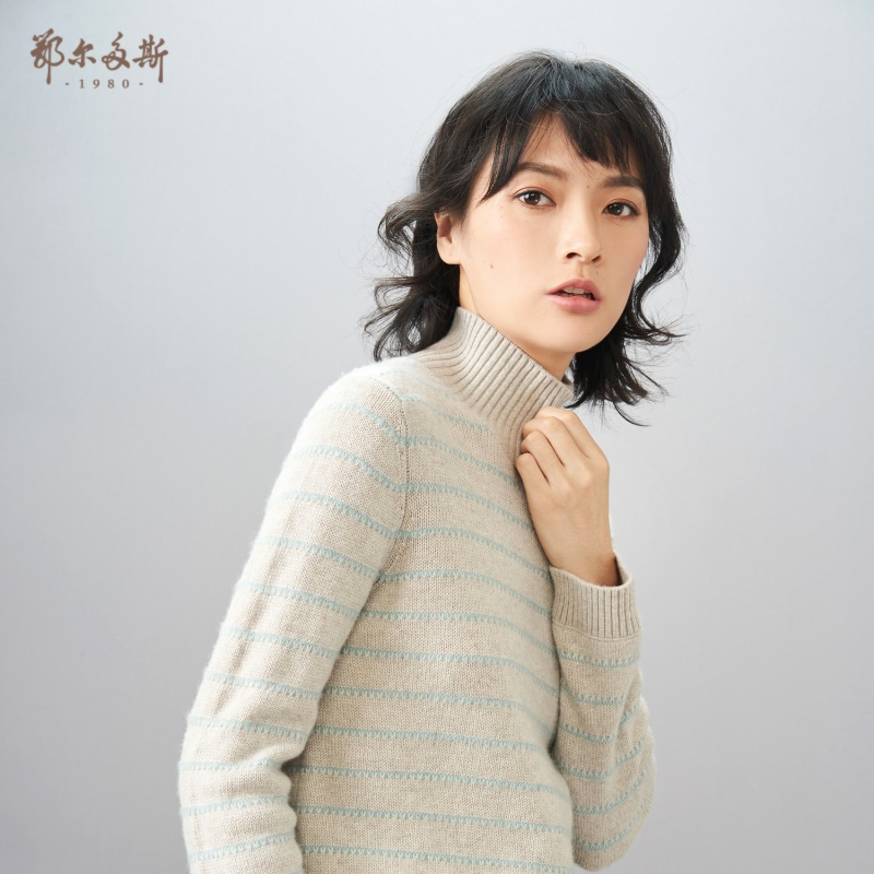 鄂尔多斯1980 半高领条纹女士羊绒衫针织衫纯羊绒修身