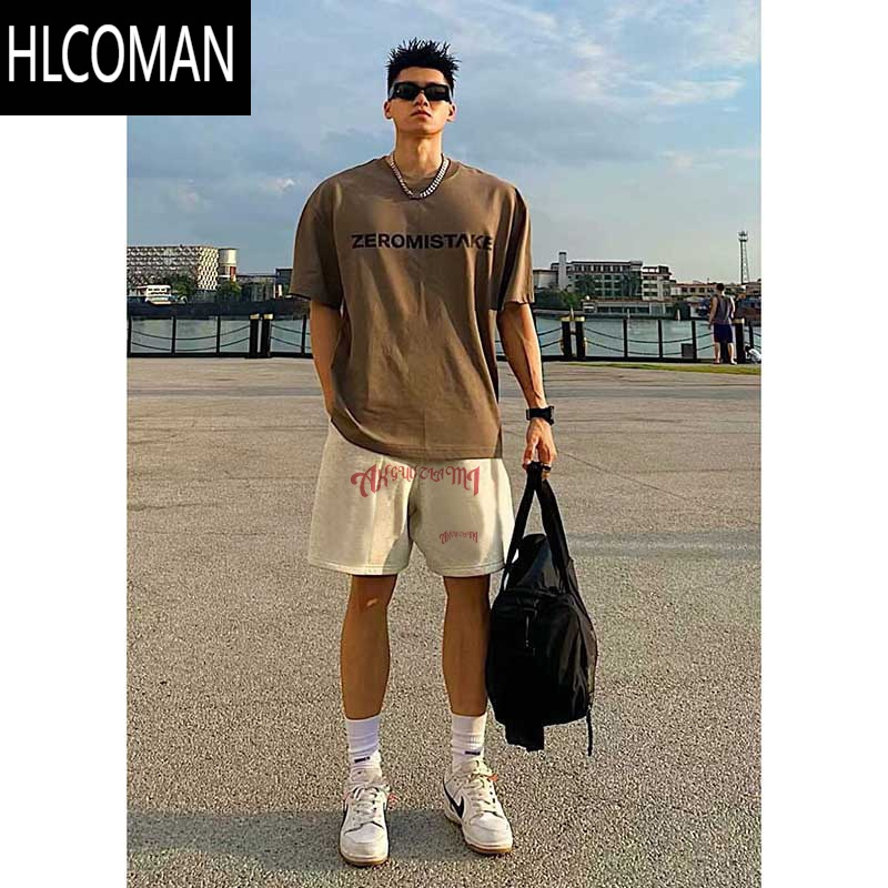 HLCOMAN美式街头宽松篮球运动短裤男款夏季潮牌字母印花抽绳休闲五分裤子