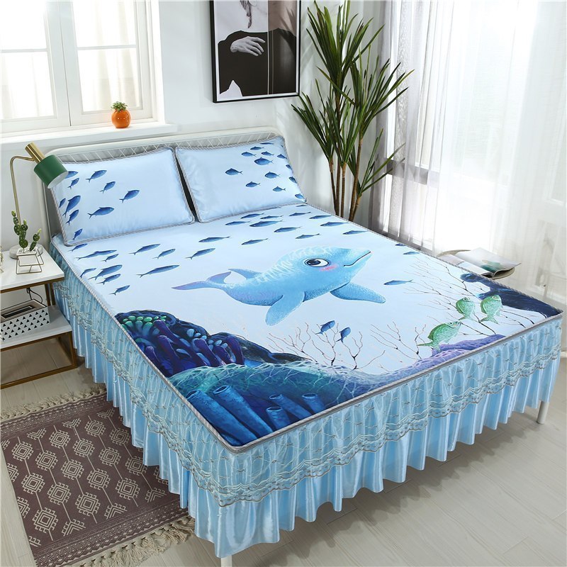 美帮汇可水洗折叠冰丝凉席三件套床裙床笠款夏季夏天机洗的凉滑床单软席 海底世界 1.5m（5英尺）床