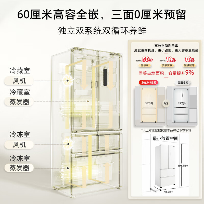 东芝(TOSHIBA)白珍珠548双系统超薄嵌入大容量制冰法式多门四门一级家用非大白梨箱GR-RF548WI-PM165