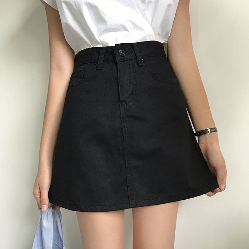 夏季甜美港味百搭女学生学院风高腰显瘦简约纯色牛仔半身裙A字裙图片