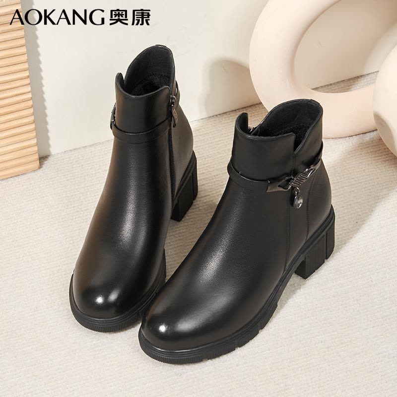 奥康女靴冬季加绒保暖休闲直筒靴牛皮高帮粗跟马丁靴女英伦复古短靴图片