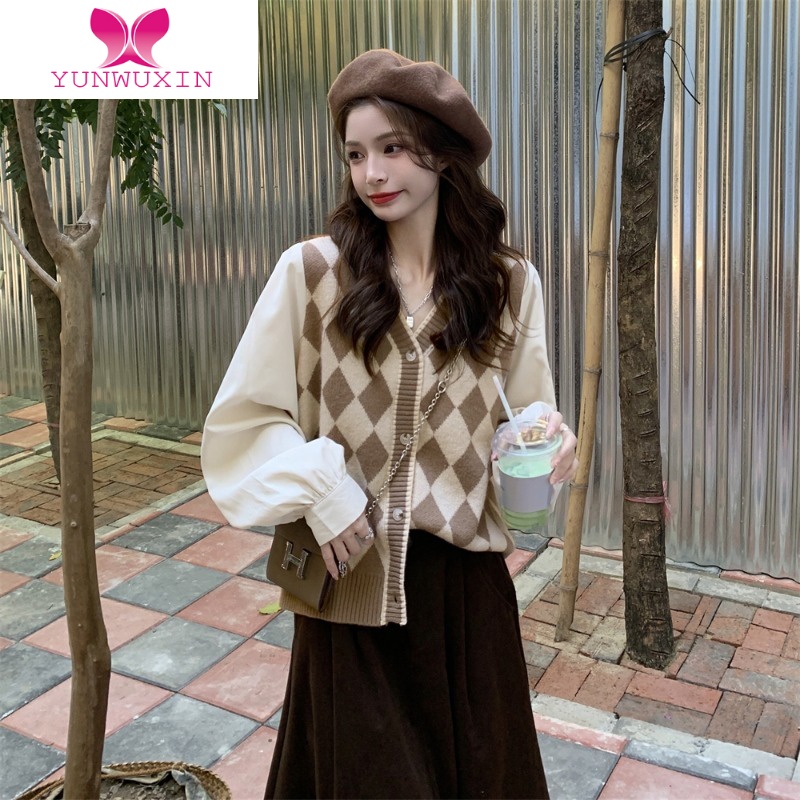 YUNWUXIN复古假两件针织拼接长袖衬衫女早秋2022新款小众宽松百搭V领上衣