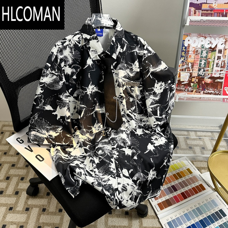HLCOMAN水墨画短袖花衬衫男高街潮牌夏季薄款宽松痞帅高级感休闲衬衣外套