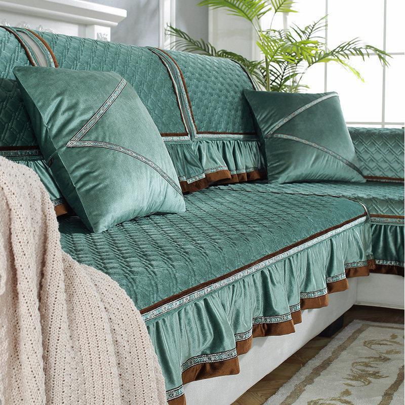 家柏饰(CORATED)毛绒沙发垫四季通用皮沙发防滑坐垫子简约现代时尚沙发套罩 暖熙-松绿 70*70cm+花边高清大图