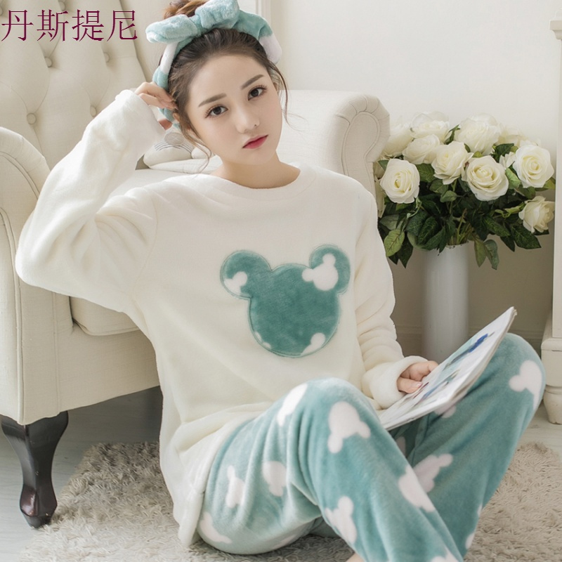 珊瑚绒睡衣女冬加厚加绒韩版甜美可爱秋冬季法兰绒长袖家居服套装