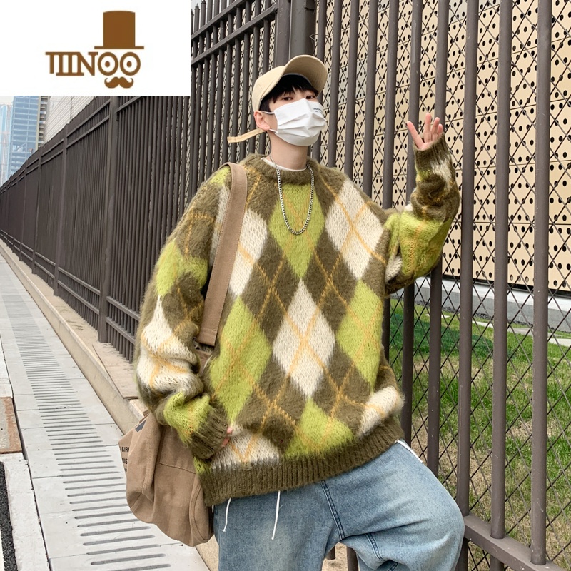 YANXU小众菱形撞色格子慵懒风宽松毛衣男款国潮复古休闲针织衫潮流高清大图