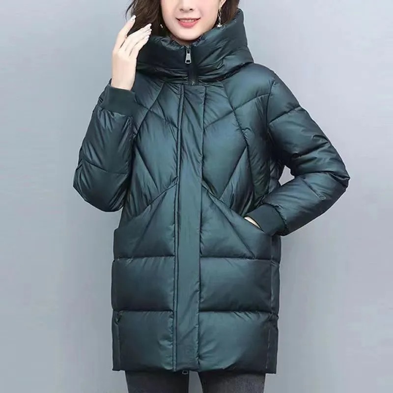 连帽棉衣女中长款冬装时尚新款加厚棉袄大码韩版保暖棉服外套 墨绿色 XXL