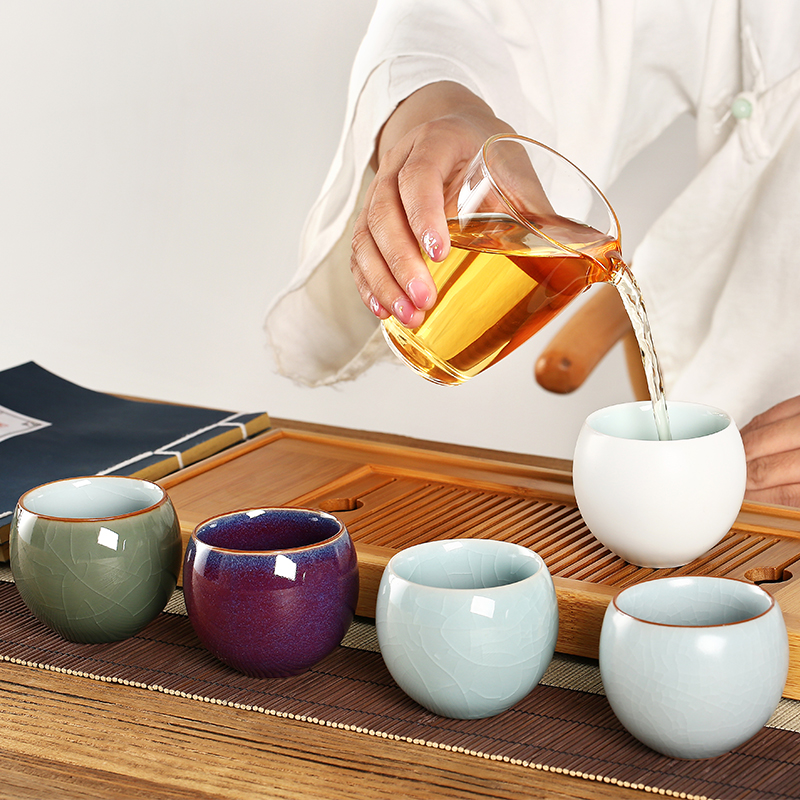 常生源 茶杯 仿宋汝窑 五大名窑品茗杯 陶瓷功夫茶杯套装 官汝哥定钧窑各1只 礼盒 传承主人杯5只整套
