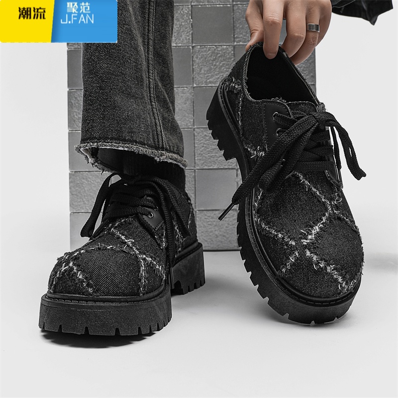 聚范男鞋秋季小众破洞帆布米奇黑色板鞋男厚底增高休闲大头德比鞋高清大图