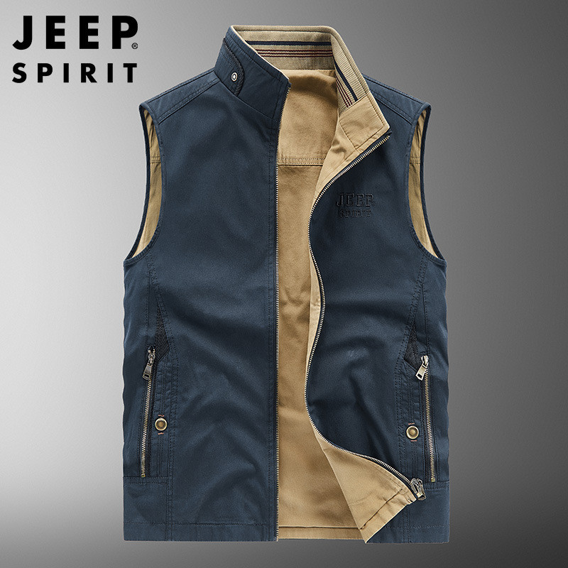 JEEP SPIRIT春季新款男士多袋双面穿休闲马甲坎肩户外中老年马甲