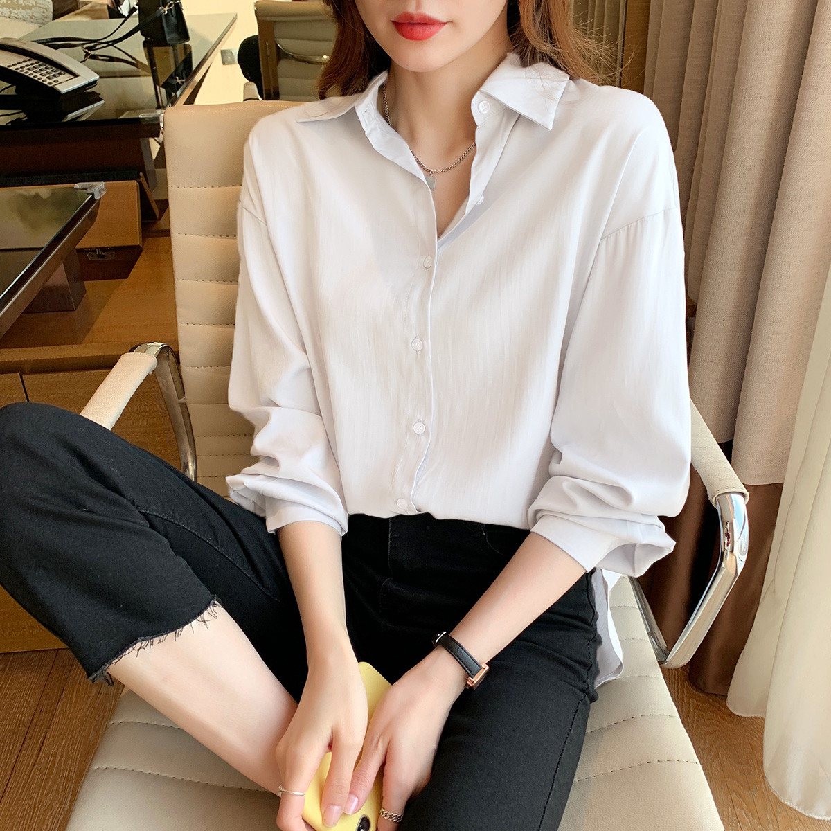 【1.5折价52元】唐狮衬衫女春季上衣净色垂感长袖衬衣职场翻领简约百搭