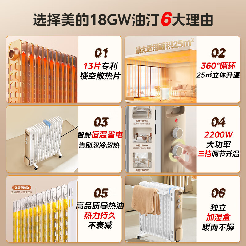 美的油汀立式取暖器家用电暖器13片恒温油丁电暖气片卧室客厅大面积2200W全屋节能省电烘衣加湿防烫NY2213-18GW高清大图
