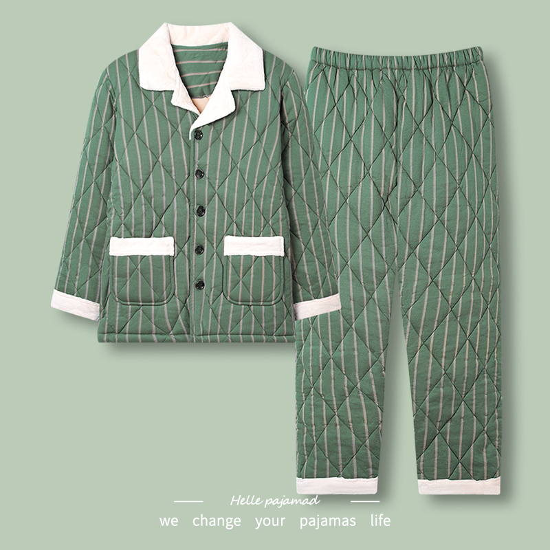 浪莎睡衣男士冬季纯棉针织夹棉袄三层加厚保暖全棉开衫家居服套装 YM1012男# XXL