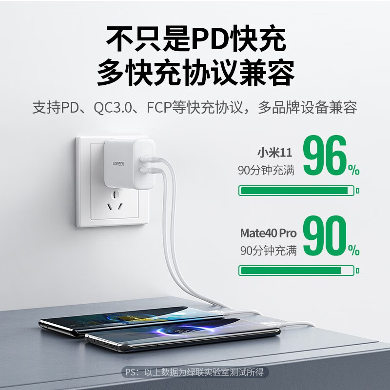 绿联多口充电器头40W双口快充 2台苹果同时充 白色 CD243(60513)高清大图
