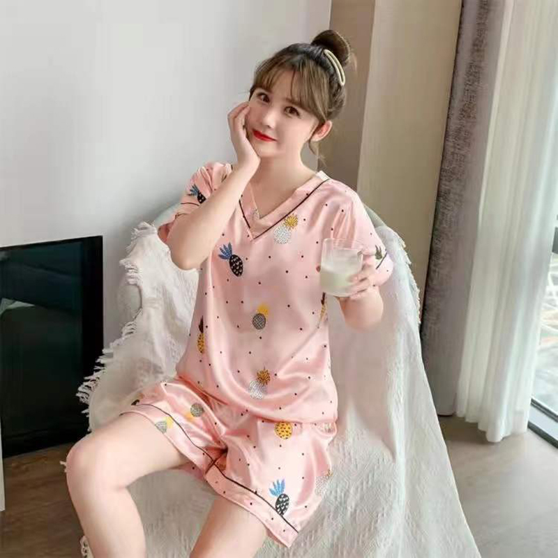 夏季睡衣女仿冰丝夏韩版清新V领薄款印花套装可外穿家居服莎丞