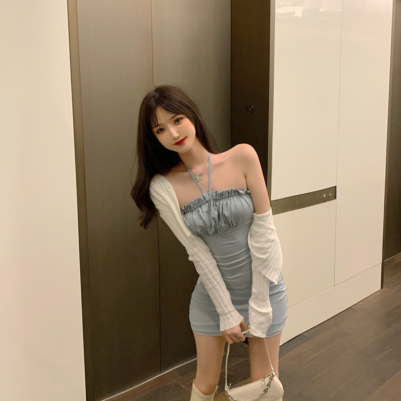婕秘LGGSTYLE chic风修身一抹蓝连衣裙+针织短款开衫套装女2020新款