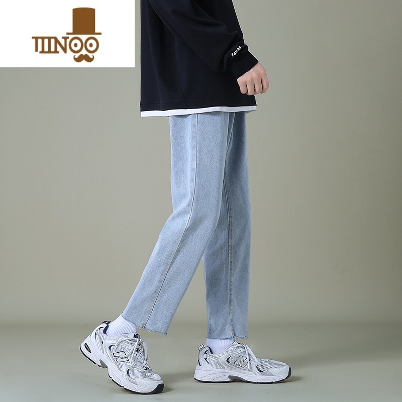 YANXU夏季浅蓝色牛仔裤男九分裤直筒宽松男士休闲韩版潮流毛边长裤子 G22浅蓝 32