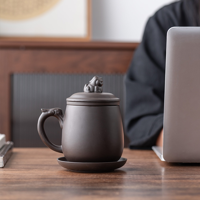高档原矿紫砂茶杯泡茶内胆过滤办公茶杯轻奢宜兴手工礼盒礼品-紫砂貔貅杯-礼盒精装高清大图