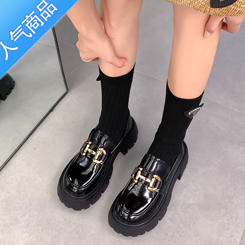 SUNTEK【柠檬家】矮个子增高厚底乐福鞋女单鞋漆皮一脚蹬金属小皮鞋高清大图