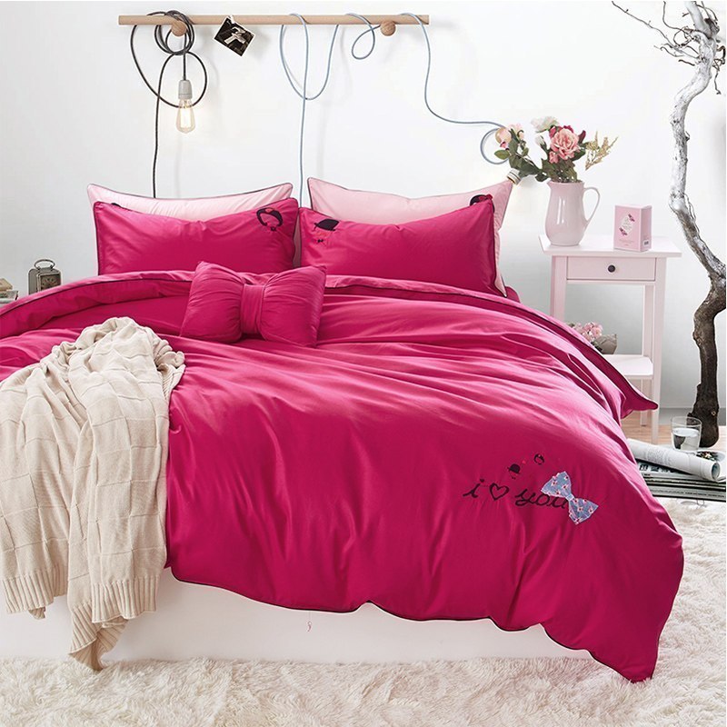 美帮汇个性床上四件套 创意 情侣全棉全棉简约 公主粉床单床套少女粉色 玫瑰红 2.0米床单款/被套2.2*2.4米