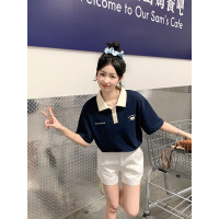 2024夏季女左胸图案短袖polo衫学院风T恤减龄休闲百搭_53880 S 藏青