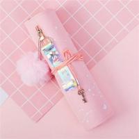 韩版文具盒创意铅笔盒女孩小清新中小学生铅笔袋初中生卷笔袋笔帘 粉色毛绒球