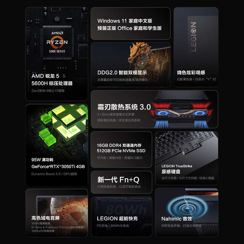 联想(Lenovo)拯救者R7000P 2021 15.6英寸游戏笔记本电脑(新锐龙 6核 R5-5600H 16G 512G RTX3050Ti 165Hz)黑