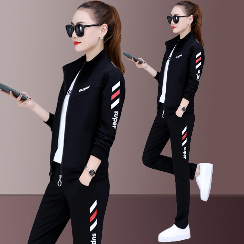 运动装女秋套装新款长袖纯棉宽松洋气大码跑步女士休闲卫衣三件套视频