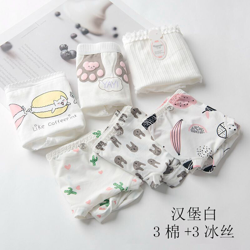 波迷娜(BOMINA)6条装 3纯棉3内裤女可爱印花性感动物少女低腰无痕平角裤牛奶丝 蓝兔 均码