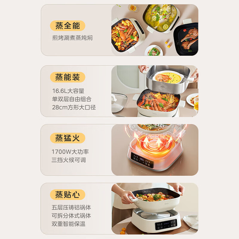 美的(Midea)电蒸锅 电煮锅 电火锅 多功能锅家用电锅蒸包子锅蒸全能三层大容量多用途锅 ZGC282802