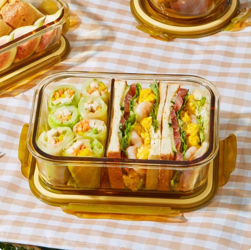 康宁餐具琥珀色保鲜盒密封耐热玻璃带饭便当饭盒3件600ml+700ml+980ml高清大图